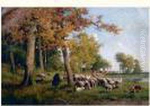 Berger Et Moutons Au Bord D'un Etang. Berger Et Moutons Au Bord D'un Etang.