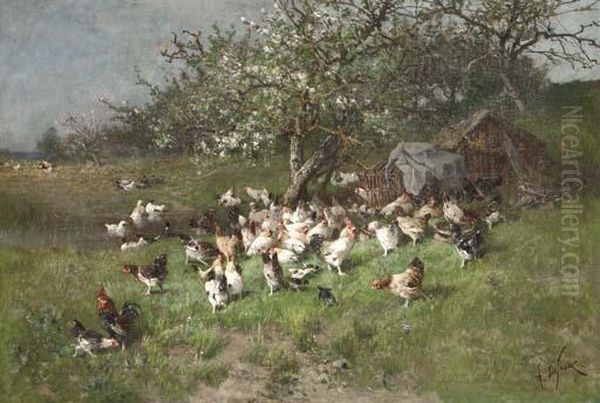 Printemps, Poules Sous Le Pommier En Fleurs - view 1