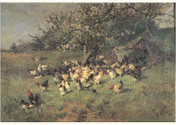 Printemps, Poules Sous Le Pommier En Fleurs - view 1