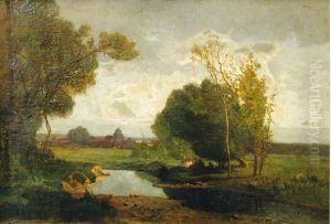 Promeneurs Au Bord De La Riviere by Alexandre Defaux