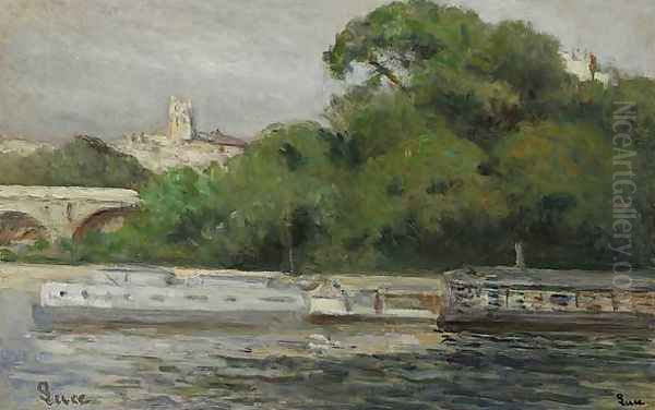 Peniches amarees front of trees and bridge - view 1