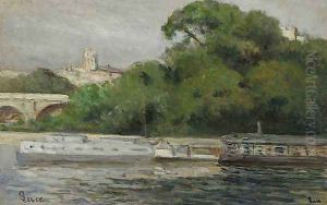 Peniches amarees front of trees and bridge