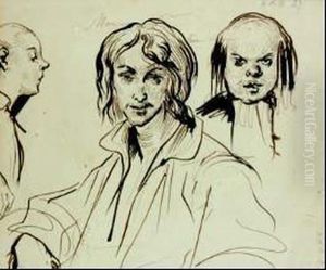 Feuille D'etude Avec Trois Portraits < Romantiques > Feuille D'etude Avec Trois Portraits < Romantiques >