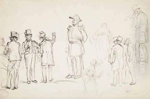 Hommes En Discussion, Militaire, Femme Au Panier