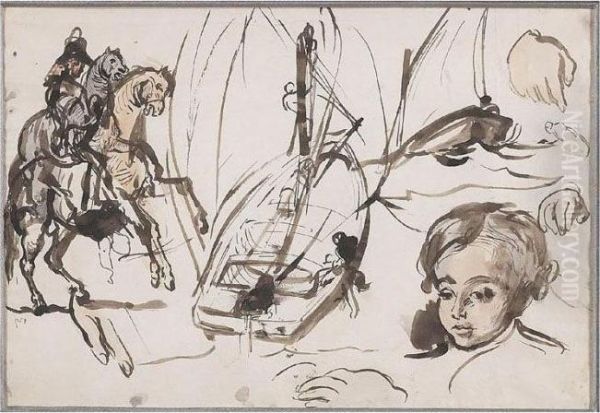 Etudes: Portrait D'edmond, Fils De L'artiste; Etudes De Bateau Et Cavalier - view 1