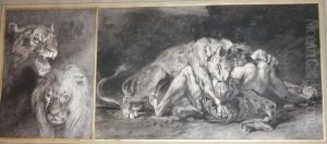 Homme Devore Par Un Lion Et Etude De Tetes De Lion. by Eugene Delacroix