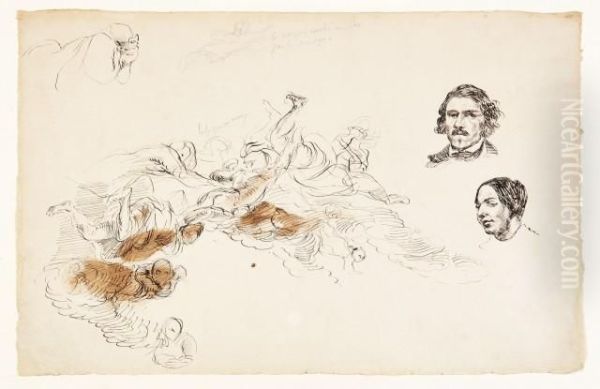 Feuille D'etude Avec Des Figures
Plafonnantes, Un Autoportraitet Le Portrait De Jenny Le Guillou - view 1