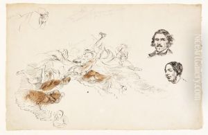 Feuille D'etude Avec Des Figures
 Plafonnantes, Un Autoportraitet Le Portrait De Jenny Le Guillou by Eugene Delacroix