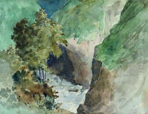 Vue Plongeante Sur Un Torrent Dans Un Ravin Des Pyrenees by Eugene Delacroix