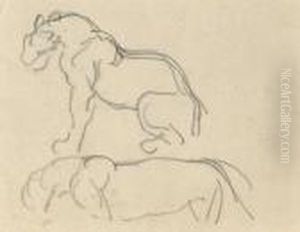 Etude De Deux Lionnesde Profil by Eugene Delacroix