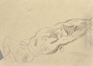 Etude D'homme Nu Allonge, Les Bras Leves, Pour La Barque Dedante by Eugene Delacroix