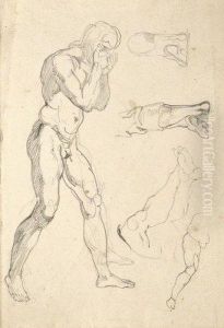 Etude D'apres La Figure D'adam De Masaccio, Etudes De Jambes by Eugene Delacroix