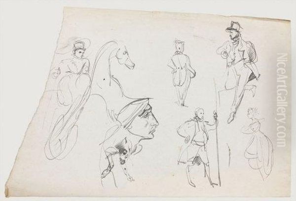 Etude D'elegants, D'une Femme En Amazone Sur Un Cheval, D'une Tete
D'oriental De Profil - view 1