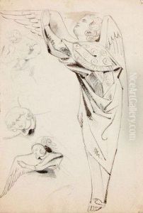 Etude De Statue D'ange, Deux
Tetes D'anges, Une Figure Assised'apres Les Sculptures De La Cathedrale
De Strasbourg by Eugene Delacroix