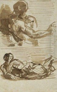 Etude D'homme Et De Figure Allongee by Eugene Delacroix
