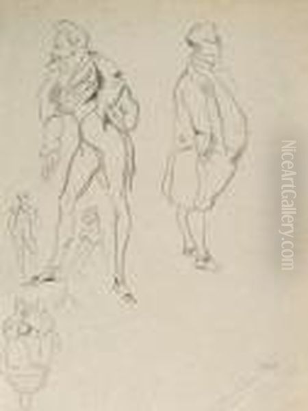 Etudes Pour Deux Hommes De Profil En Habit Et Deux Couples Dan Sant - view 1