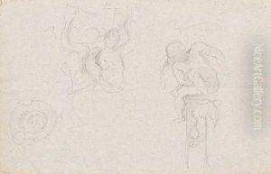 Etude De Caryatides, Un Bouclier, Un Ange Sur Une Colonne by Eugene Delacroix