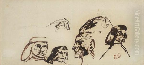 Study Of Heads (with Image Of Figure To Verso) - view 1