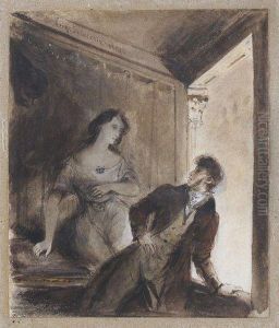 Fantome Feminin Effrayant Un Homme Dans Une Loge De Theatre by Eugene Delacroix
