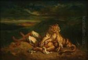 Lionne Se Reposant Sur Le Corps D'un Arabe by Eugene Delacroix