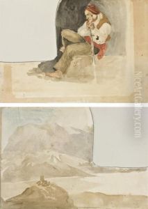 Un Vieil Homme Assis Appuye Sur Un Baton (recto); Paysagemontagneux (verso)