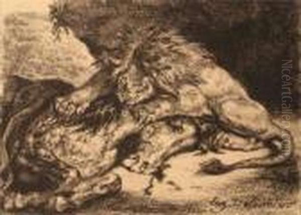 Lion Devorant Une Cheval - view 1