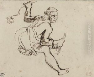 Homme Coiffe D'un Beret Et Tenant Un Couteau Dans La Main Droite by Eugene Delacroix
