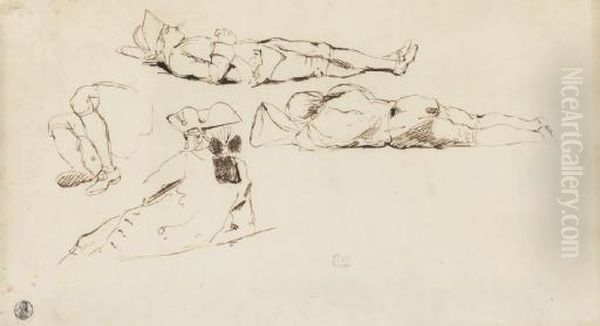 Trois Soldats Allonges Et
Coiffes De Chapeaux A Tricornes Et Une Etude Subsidiaire De Jambes - view 1