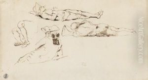 Trois Soldats Allonges Et 
Coiffes De Chapeaux A Tricornes Et Une Etude Subsidiaire De Jambes