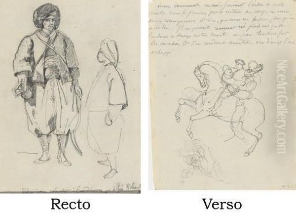Etude De Deux Hommes Arabes
(recto); Deux Combattant Sur Un Meme Cheval Se Cabrant (verso) - view 1