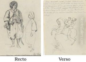Etude De Deux Hommes Arabes
(recto); Deux Combattant Sur Un Meme Cheval Se Cabrant (verso) by Eugene Delacroix