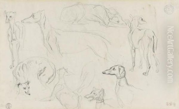 Etude De Huit Levriers Dans
Diverses Positions (recto); Croquis De Caricatures Et Essais De Lavis
(verso) - view 1