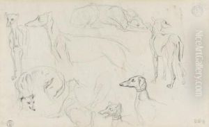 Etude De Huit Levriers Dans 
Diverses Positions (recto); Croquis De Caricatures Et Essais De Lavis 
(verso) by Eugene Delacroix