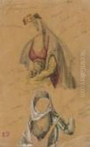 Deux Femmes Georgiennes A Mi-corps, L'une Jouant Du Chonguri by Eugene Delacroix