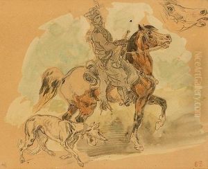 Trompette A Cheval Accompagne D'un Levrier, Avec Reprise De La Tete Du Cheval