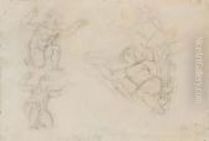 Quatre Personnages Nus, Dont Un Tenant Un Vase Fumant Et Une Gerbe by Eugene Delacroix