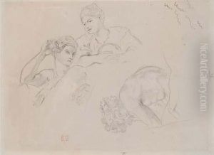 Deux Femmes I Mi-corps Et Bacchus En Buste Vu De Profil Vers La Gauche by Eugene Delacroix