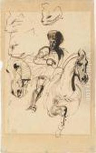 A Man In Armour On Horseback, With Studies Of A Horse's Head Andcats' Heads by Eugene Delacroix