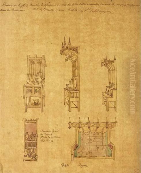 Quatre Etudes De Dressoirs Et Un Lit Medieval - view 1