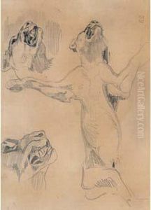 Etude De Lionne Allongee Sur Le Dos, Deux Reprises De La Tete by Eugene Delacroix