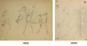 A Figure Riding A Horse In
Profile To The Left, With Three Subsidiary Studies Of The Horse's Heads
(recto); Figures Duelling And Other Studies (verso) by Eugene Delacroix