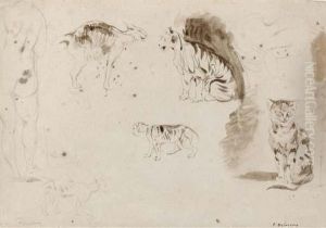 Studies Of Cats, Other Felines And Two Female Nudes Seen From Behind by Eugene Delacroix