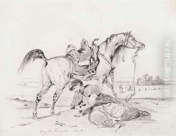 A Stallion In Profile To The Right, An Arab Crouching In The Foreground - view 1