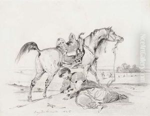 A Stallion In Profile To The Right, An Arab Crouching In The Foreground