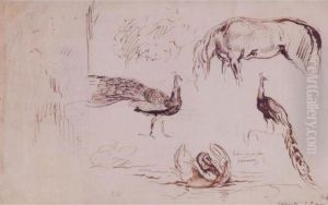 Study Of A Horse, Two Peacocks And Two Swans by Eugene Delacroix