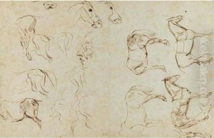 Etude De Chevaux (recto); Etudes
 De Chevaux, Personnages En Costume Louis Xiii, Marin, Barque Avec 
Batelier (verso) by Eugene Delacroix