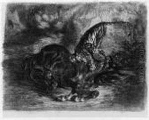 Cheval Sauvage Terrasse Par Un Tigre (loys Delteil 77) by Eugene Delacroix