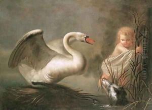 A Swan guarding its Nest from a Child and a Spaniel