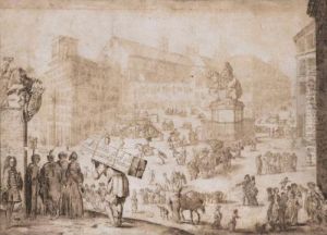 [circle Of Stefano Della Bella ;
 Figures Walking In A City Square ; Pen And Brown Ink And Wash ; 
Extensively Inscribed In Brown Ink]