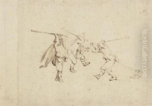 Three Men Fighting With Sticks, With A Dog Tugging The Right-handfigure